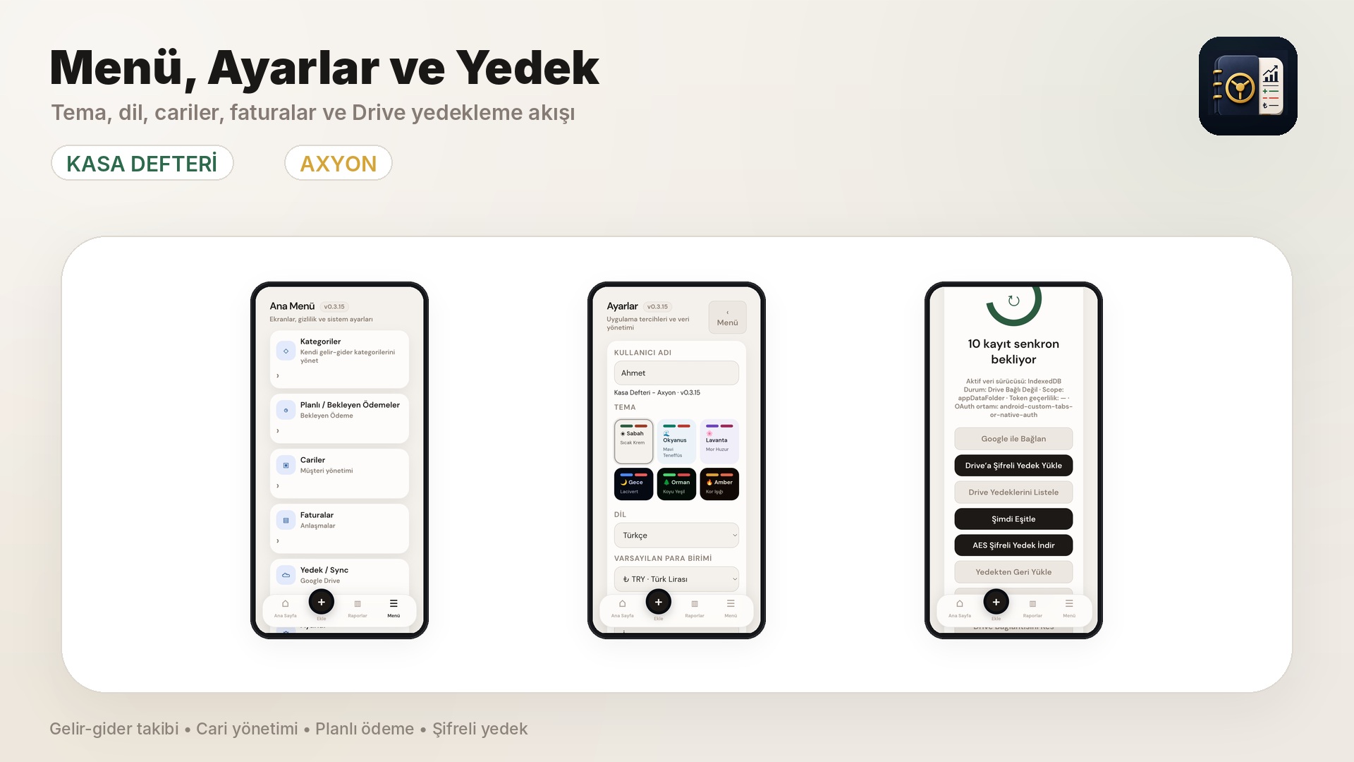 Kasa Defteri menü ve ayarlar ekranları