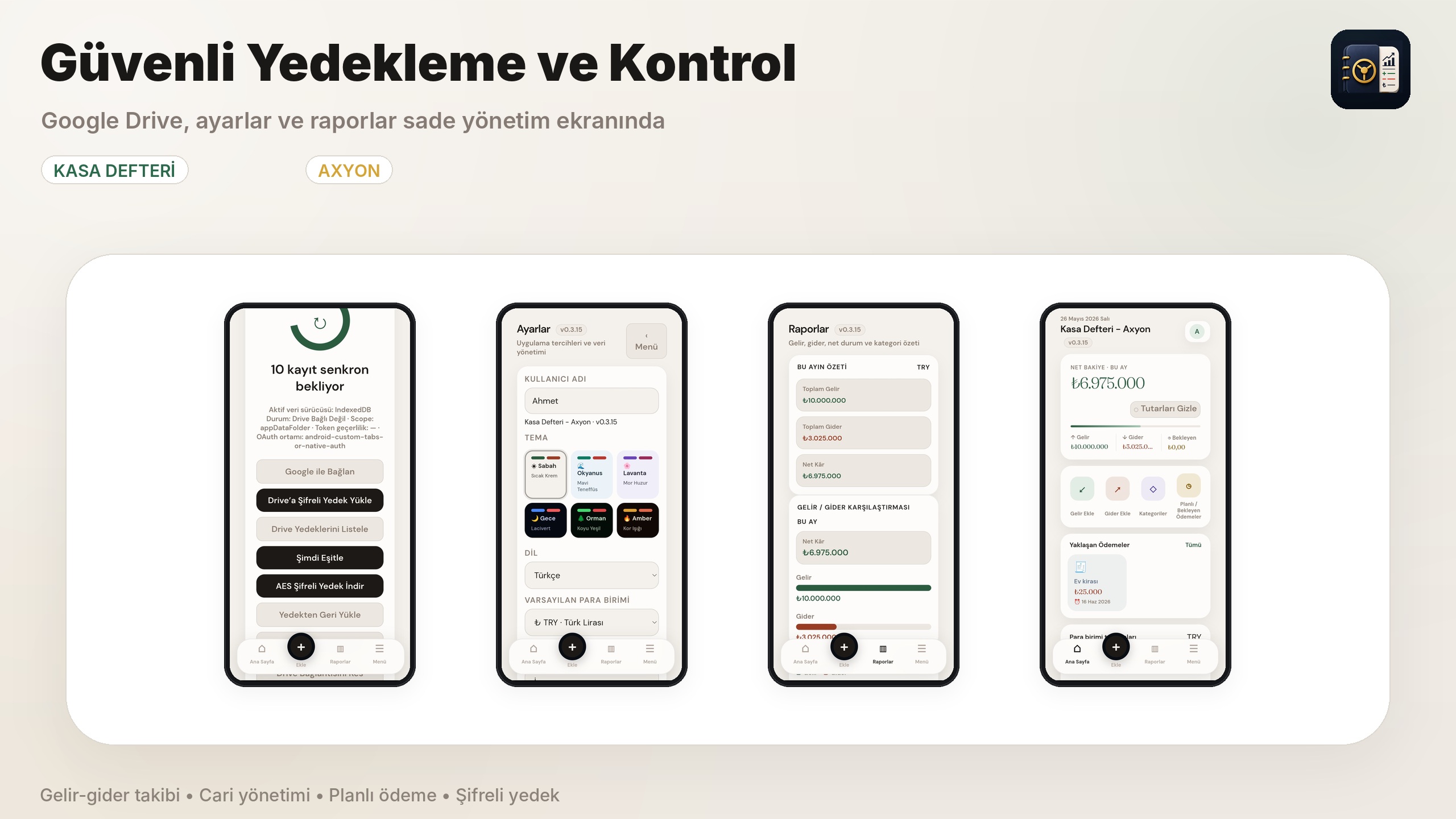 Kasa Defteri güvenli yedekleme ekranları